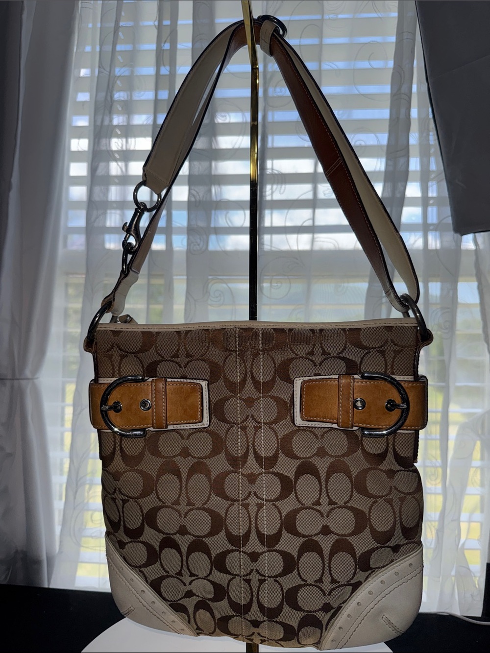 Coach Brown Signature Canvas Shoulder Bag with Tan and Cream Leather Accents